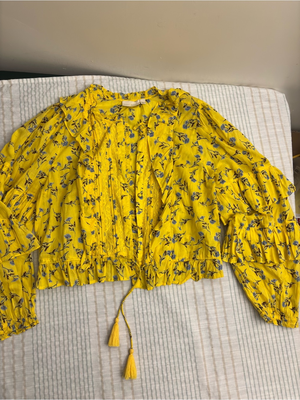 New York & Company Bright Yellow Floral Tie-Front Ruffle Blouse